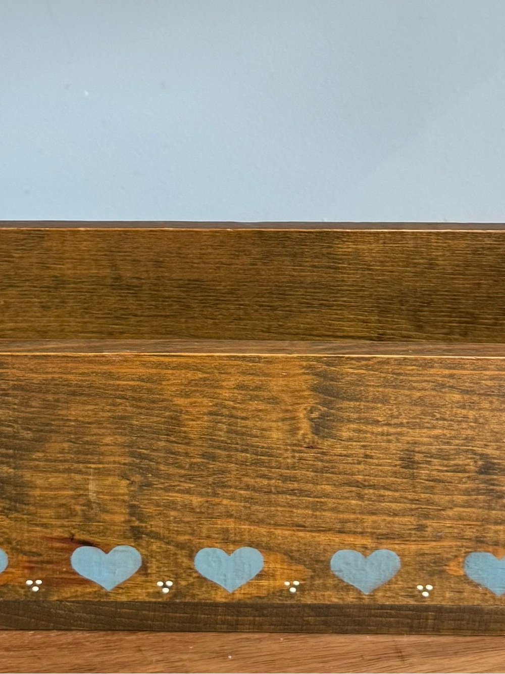 Rustic Wooden Storage Box with Blue Heart Trim